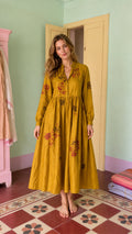 Women's Long-Sleeve Embroidered Midi Dress with Button Front