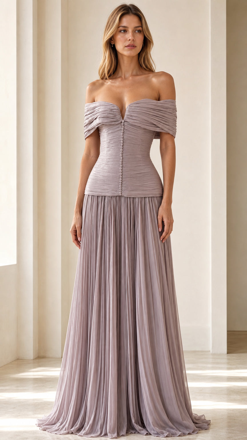 Front view of lavender off-shoulder pleated corset maxi dress