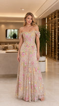Front view of Champagne floral embroidered evening gown