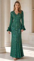 Front view of green sequin evening gown with flare sleeves