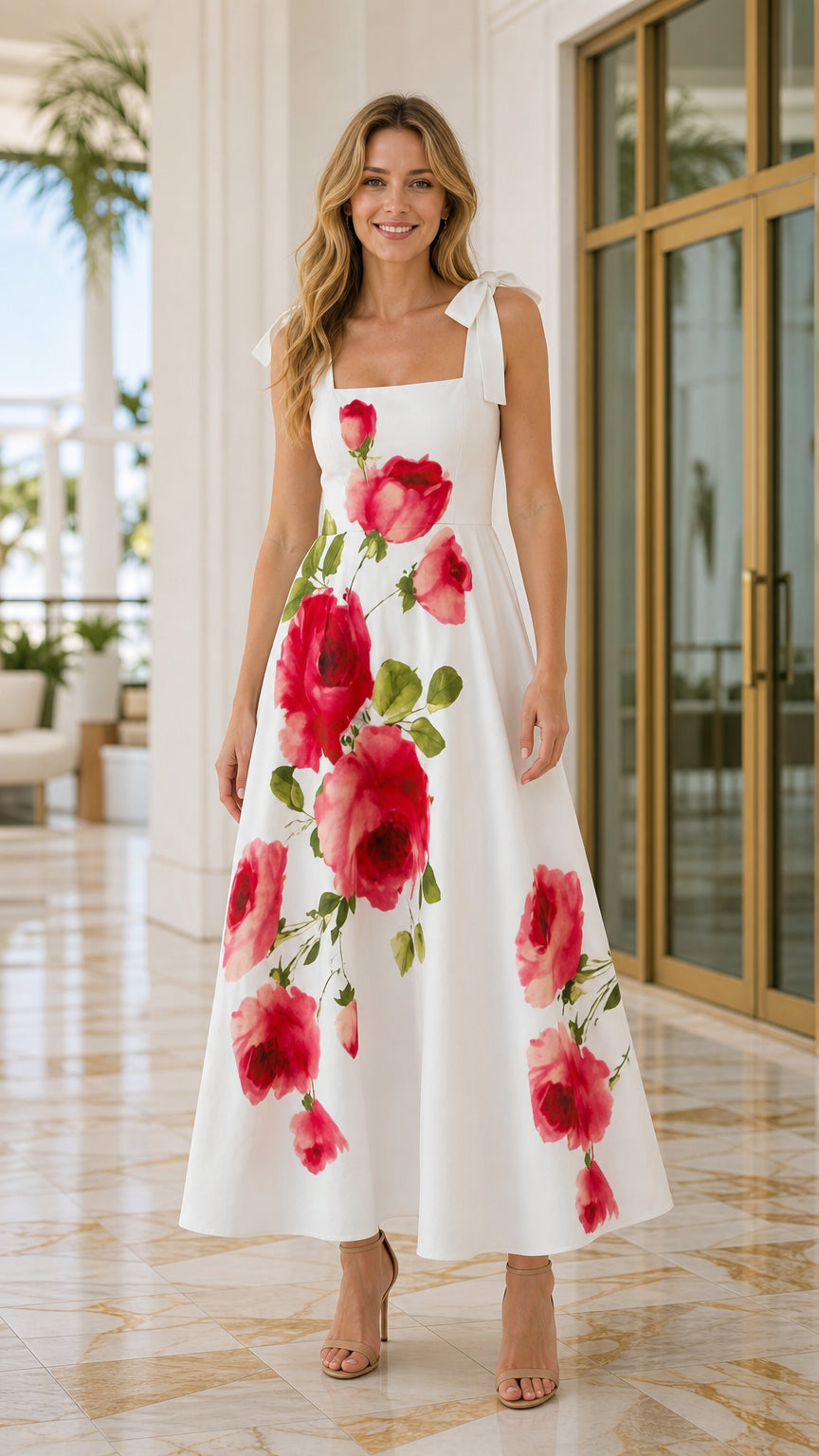Women's Square Neck Floral Print Tie-Strap Maxi Dress