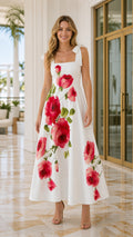 Women's Square Neck Floral Print Tie-Strap Maxi Dress