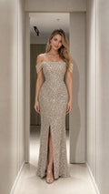 Full-length front view of the champagne sequin evening gown