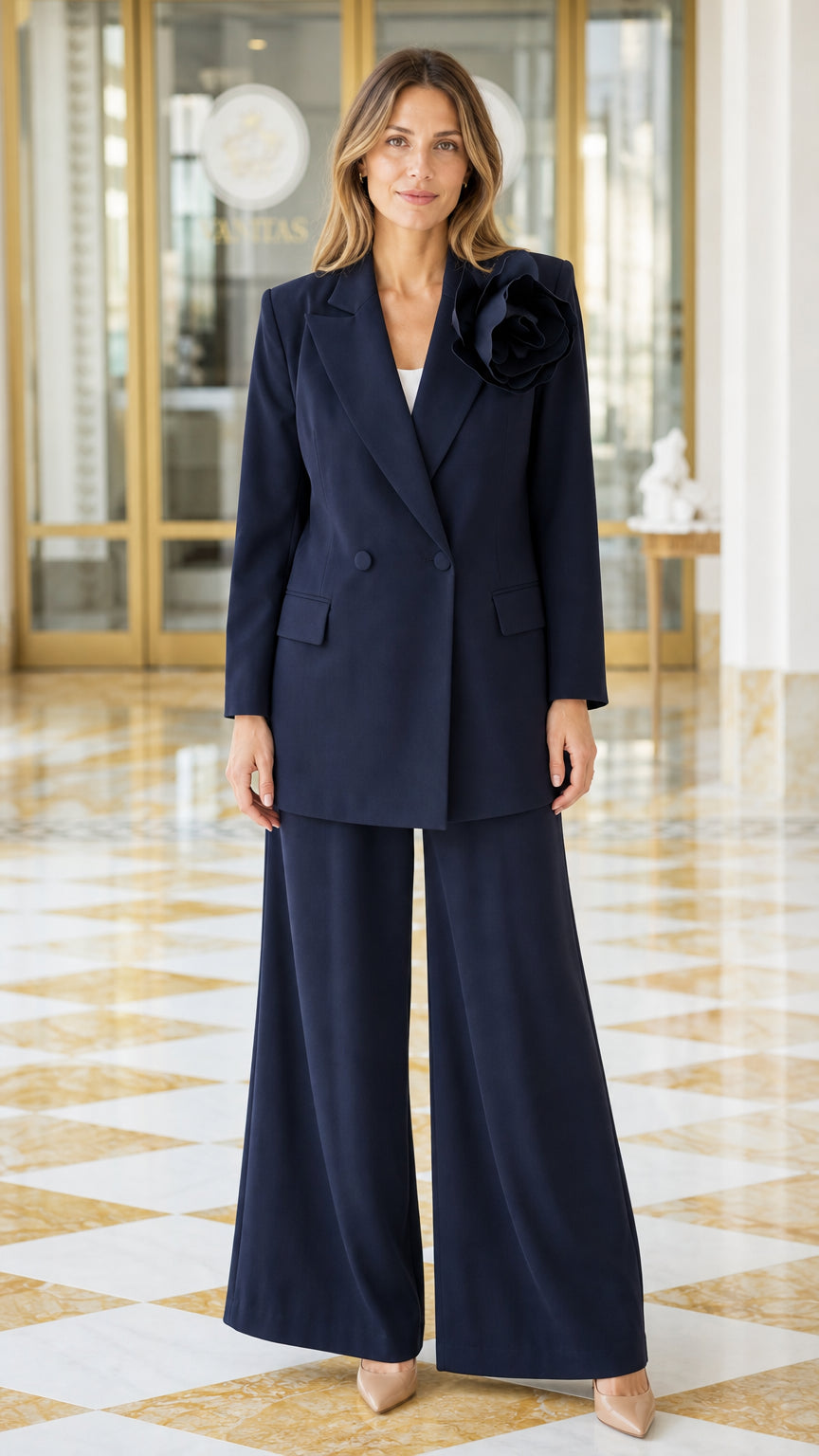 Women's Floral Brooch Blazer and Wide-Leg Pants Suit Set