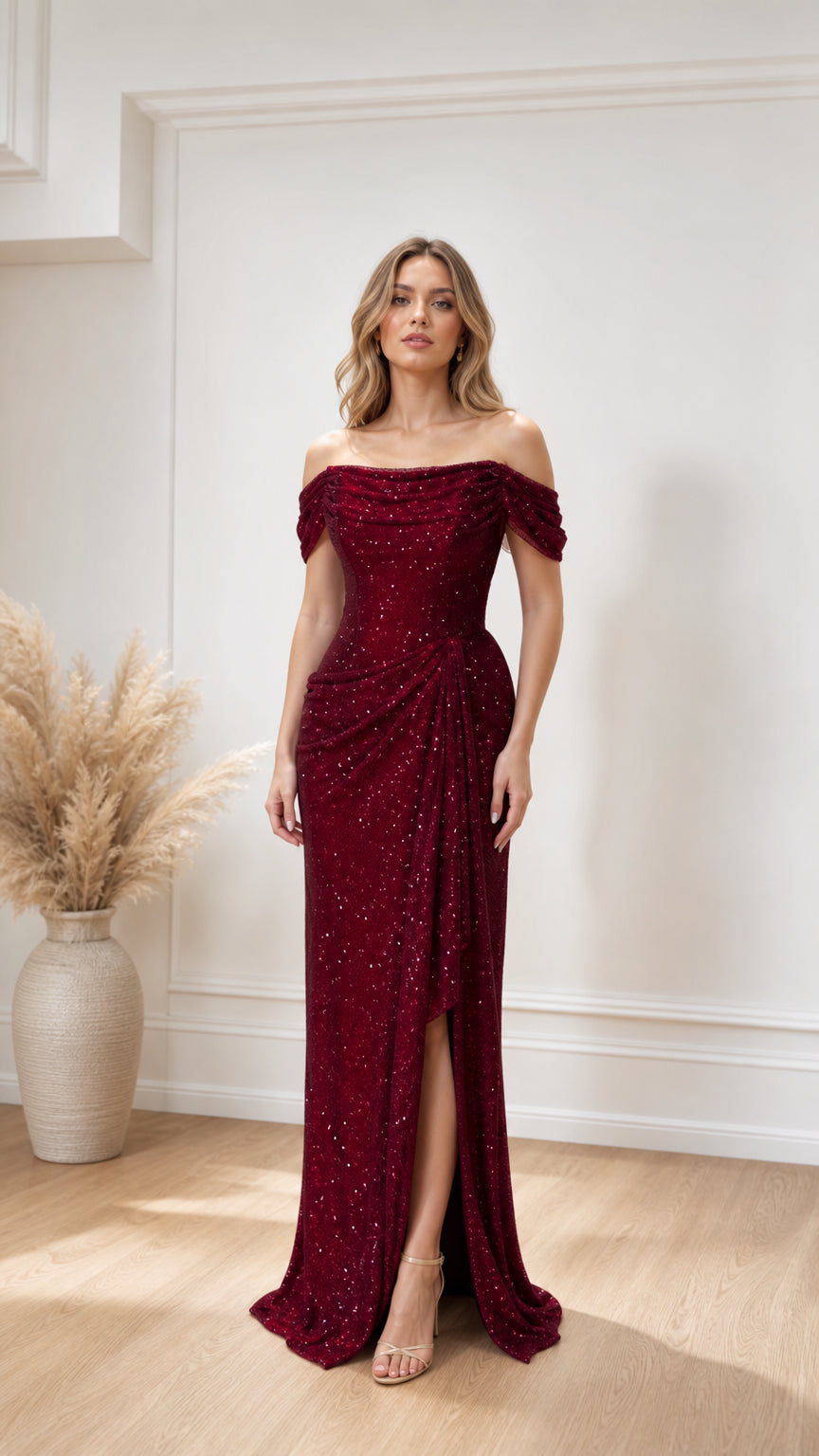 Front view of burgundy off-the-shoulder evening gown with slit