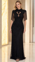 Front view of black beaded fringe evening gown