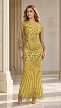 Front view of elegant yellow beaded evening gown