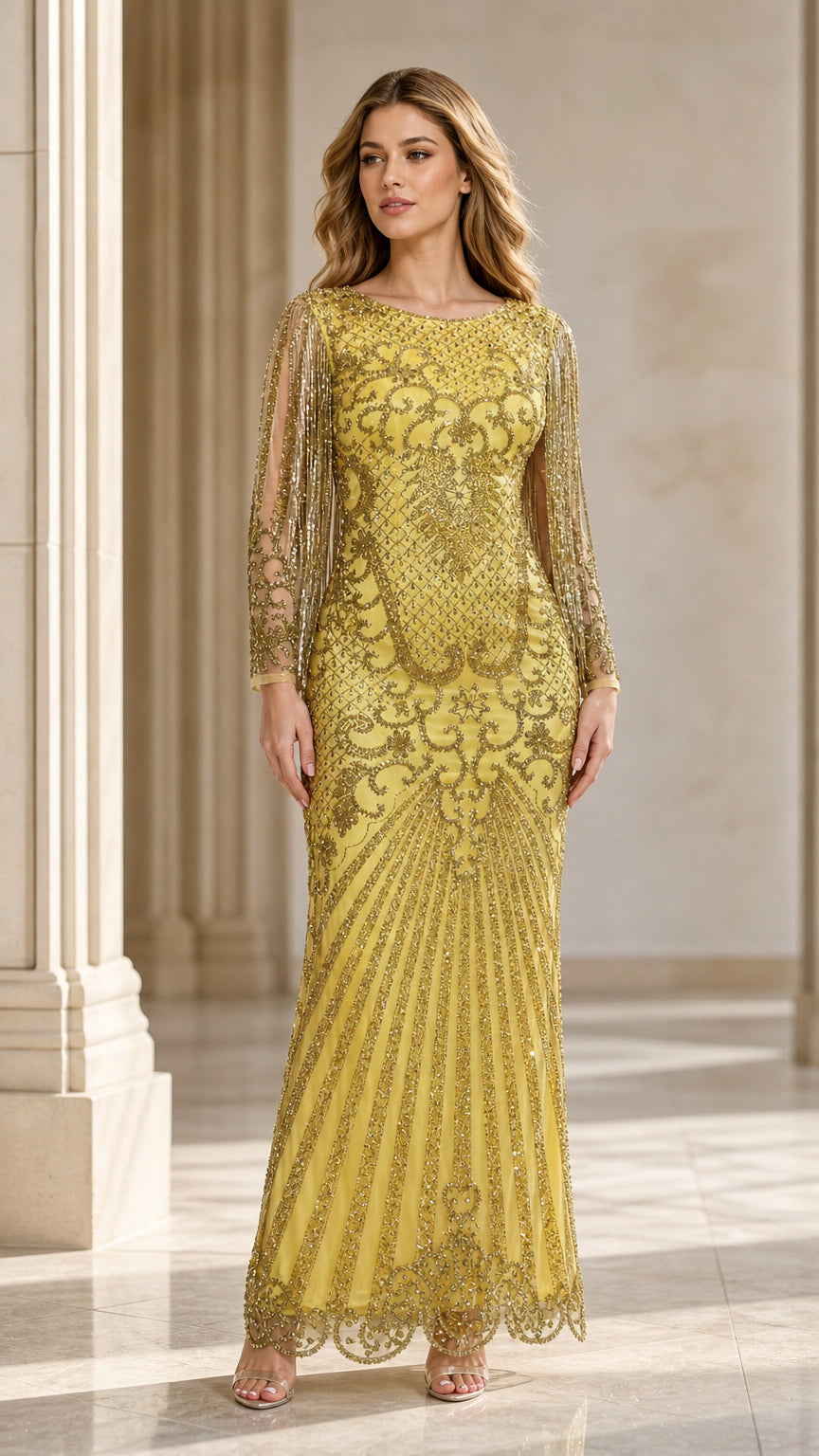 Front view of elegant yellow beaded evening gown