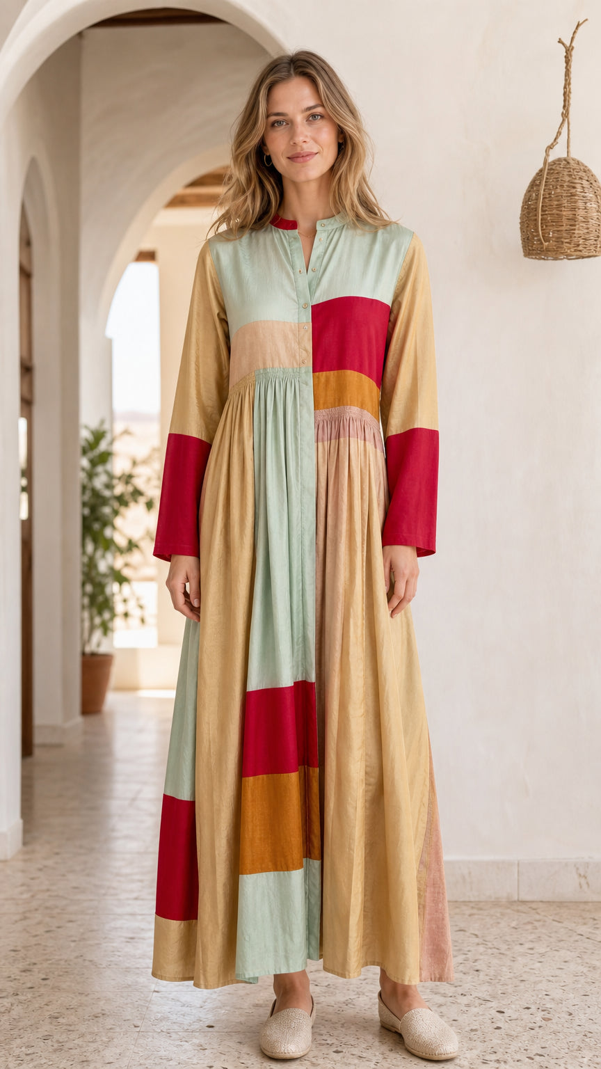 Bohemian Colorblock Long Sleeve Maxi Dress