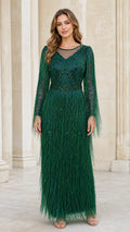 Front view of emerald green beaded fringe evening gown