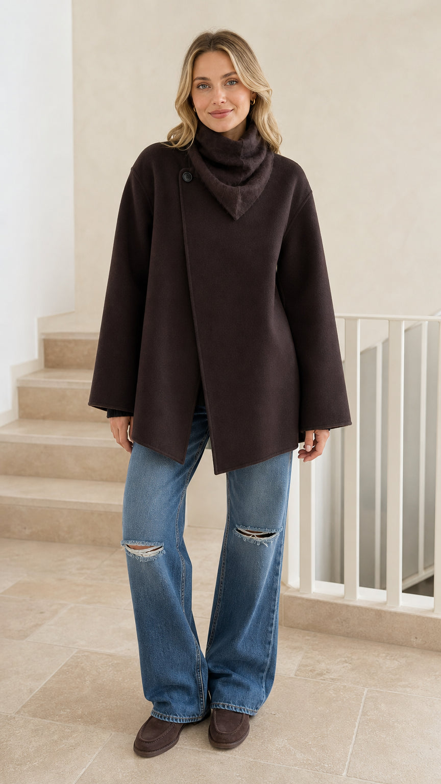 Front view of woman wearing dark brown asymmetrical cowl neck jacket and distressed jeans
