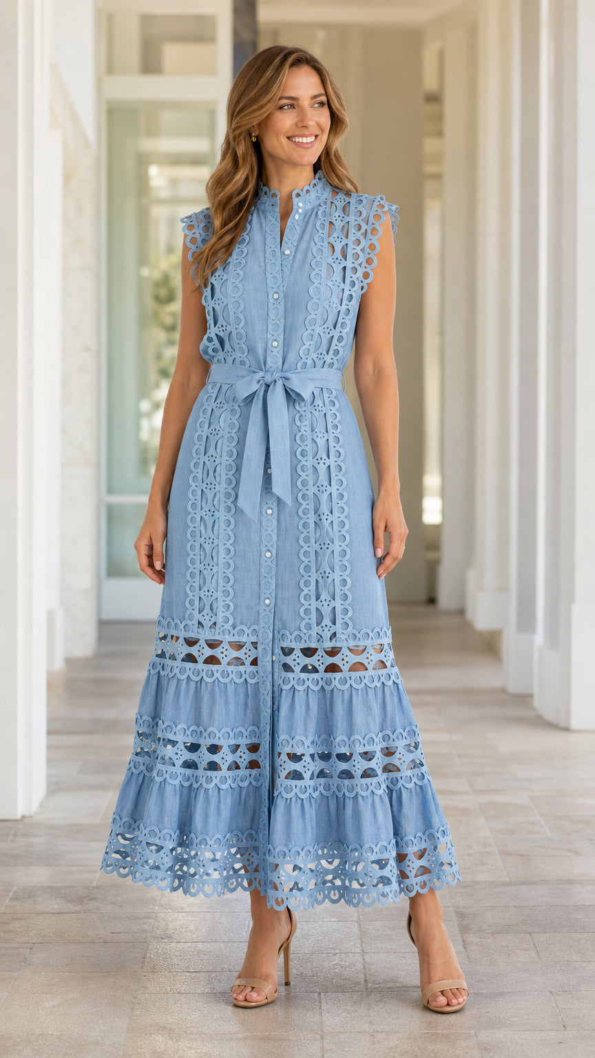 Women's Sleeveless Eyelet Lace Midi Dress with Self-Tie Belt