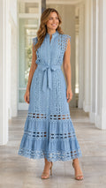 Women's Sleeveless Eyelet Lace Midi Dress with Self-Tie Belt