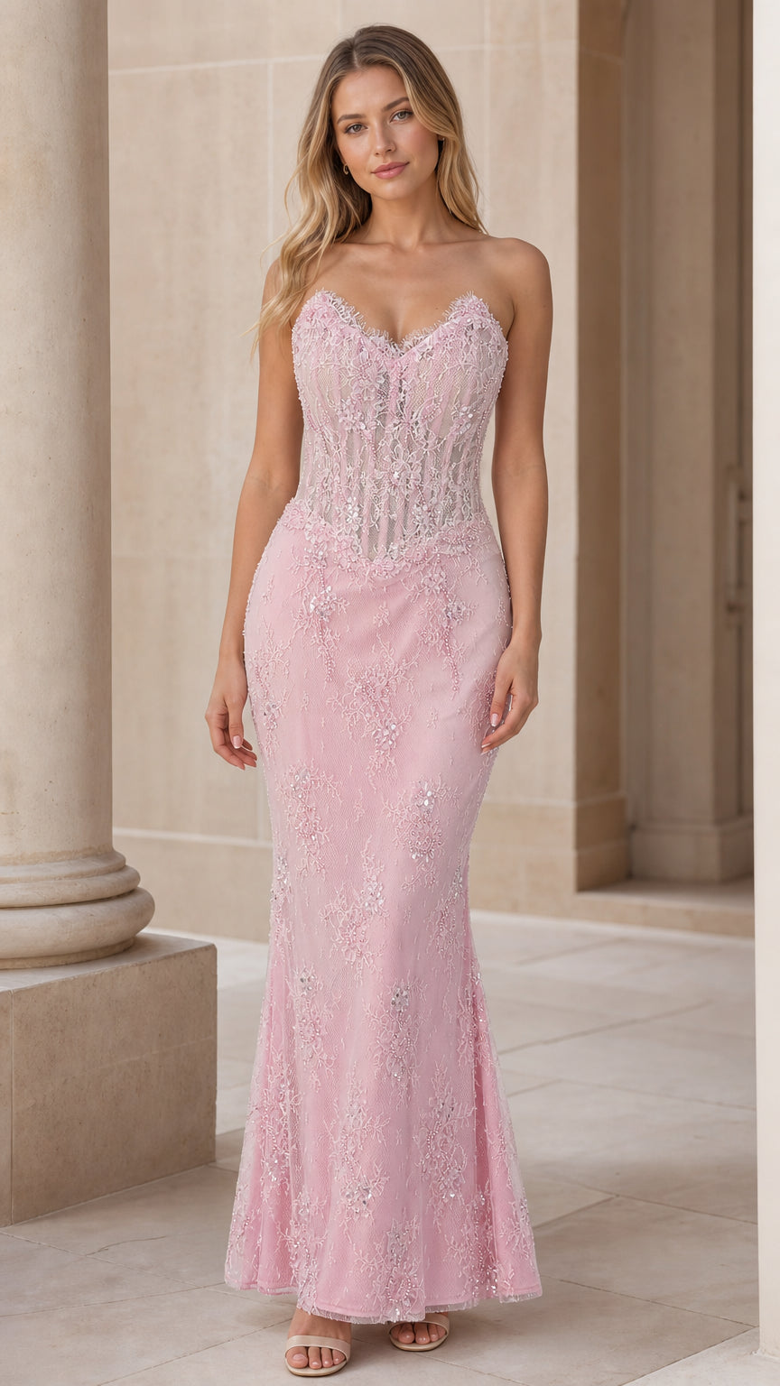 Front view of pink strapless lace mermaid formal evening dress