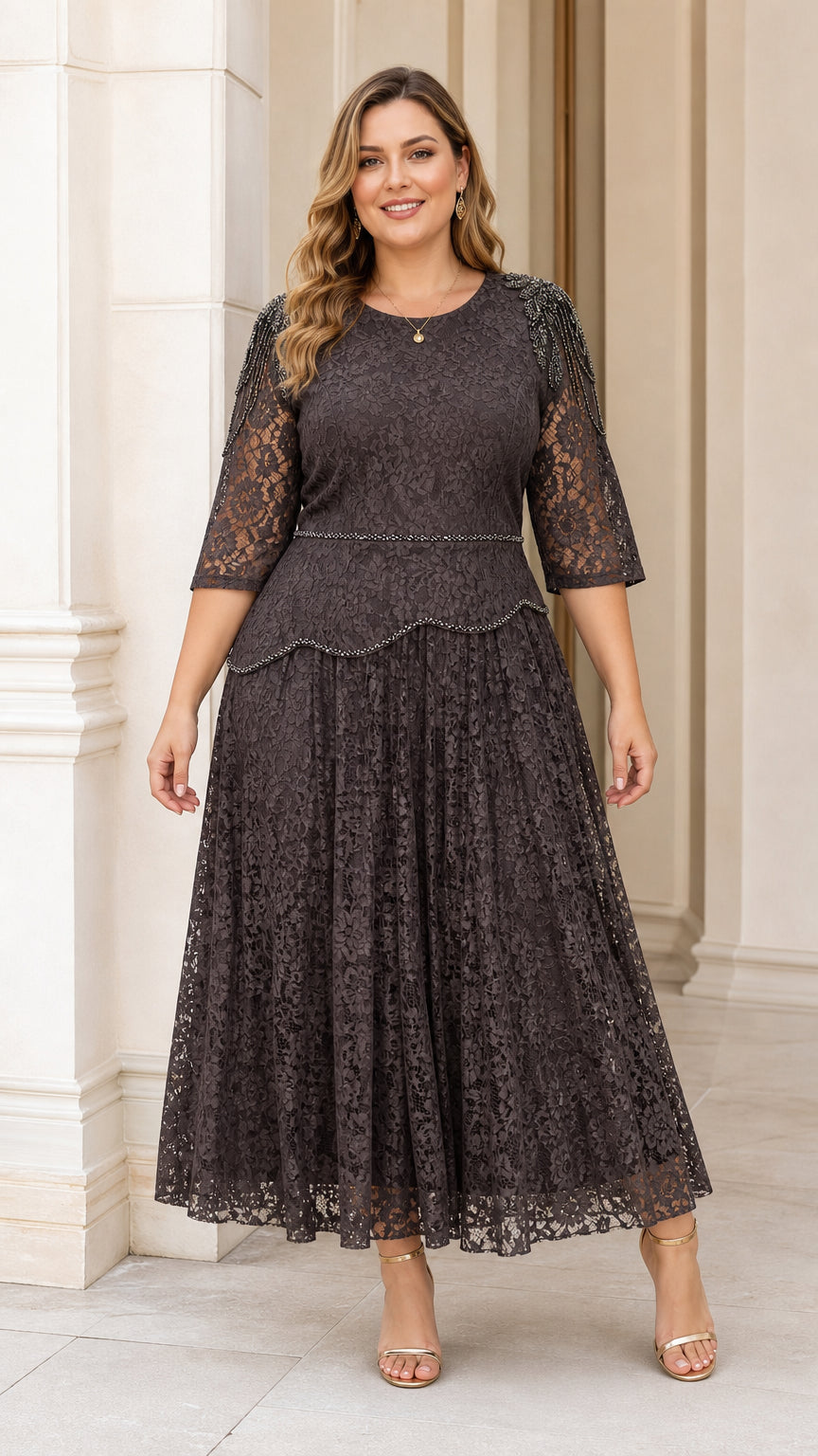 Front view of plus size model wearing dark charcoal beaded lace midi dress