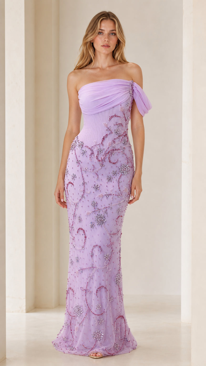 Front view of model wearing lilac one-shoulder beaded evening gown