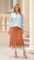 Women's Long-Sleeve Button-Down Blouse and Printed Midi Skirt Two-Piece Set