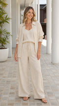 Women's 3-Piece Linen Blend Button-Down Shirt, Cami, and Wide-Leg Pants Set