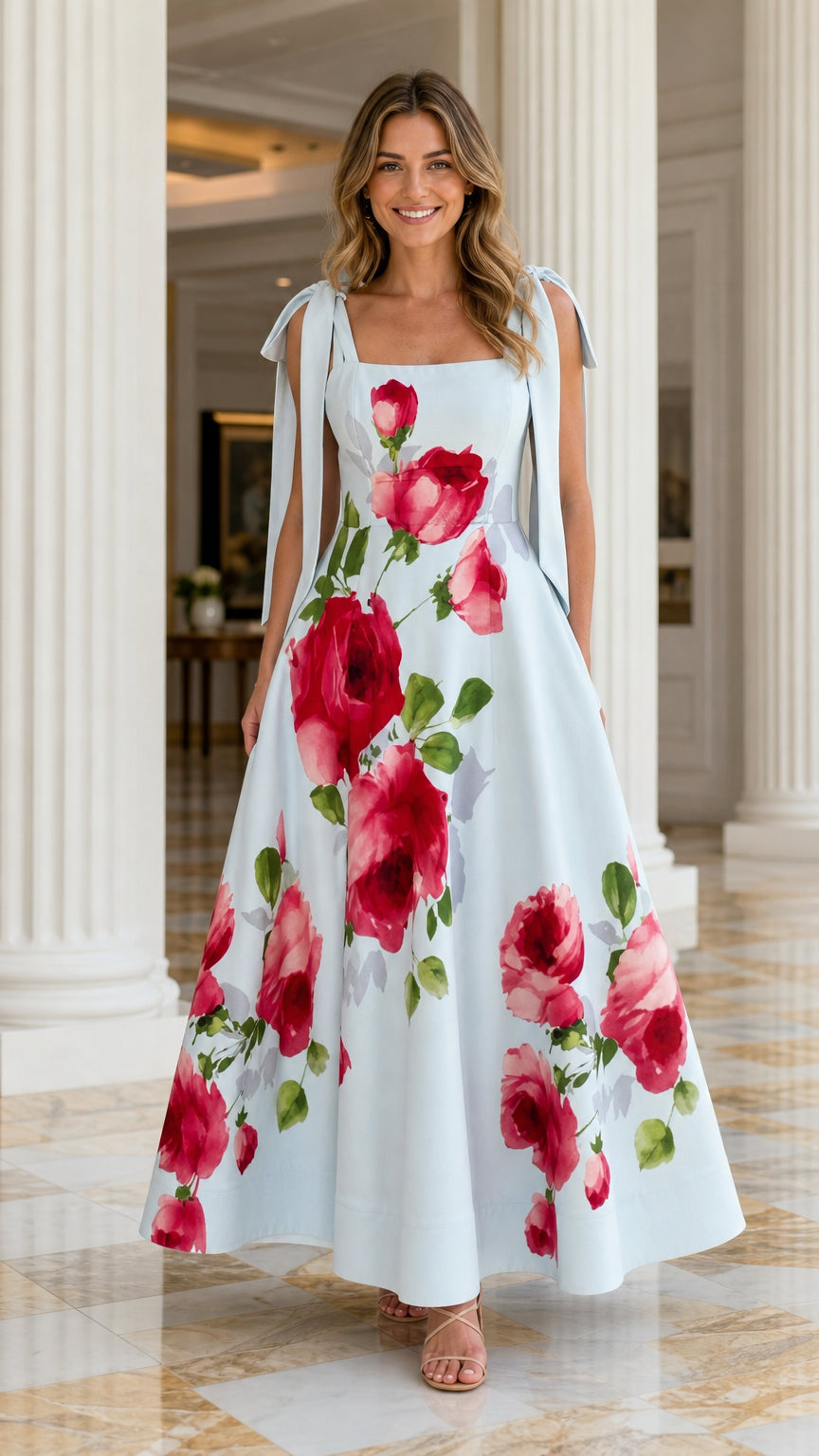 Women's Elegant Floral Print Tie-Strap Maxi Dress
