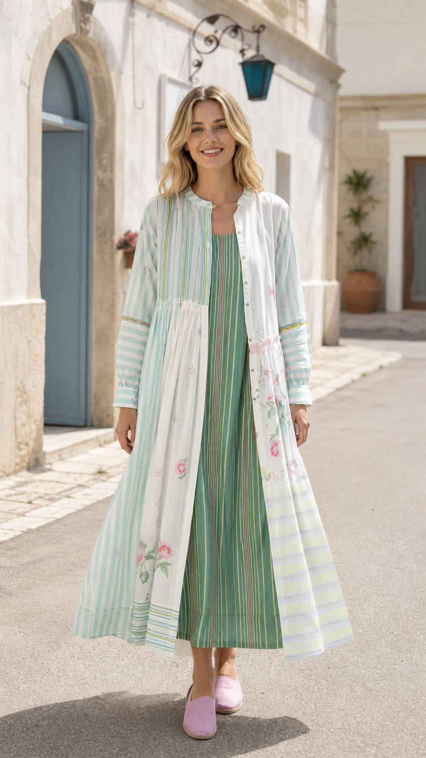 Women's Patchwork Stripe & Floral Long Sleeve Maxi Cardigan Dress Set