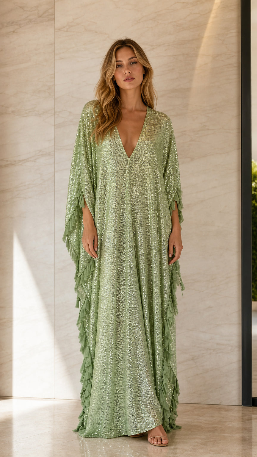Front view of woman wearing sage green sequin caftan dress