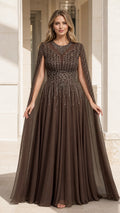 Front view of brown beaded cape sleeve evening gown