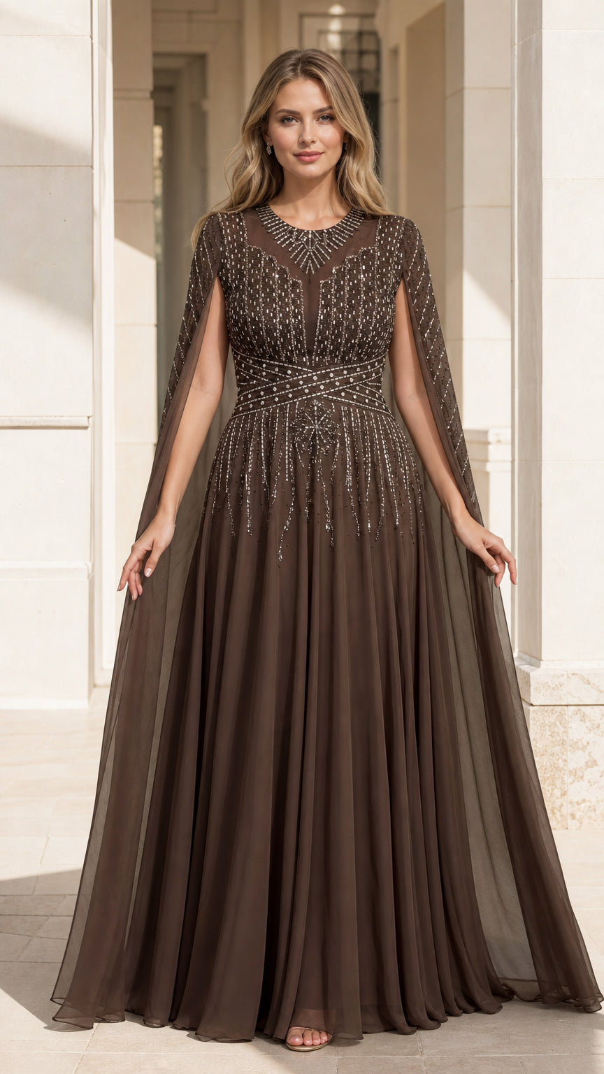 Front view of brown beaded cape sleeve evening gown