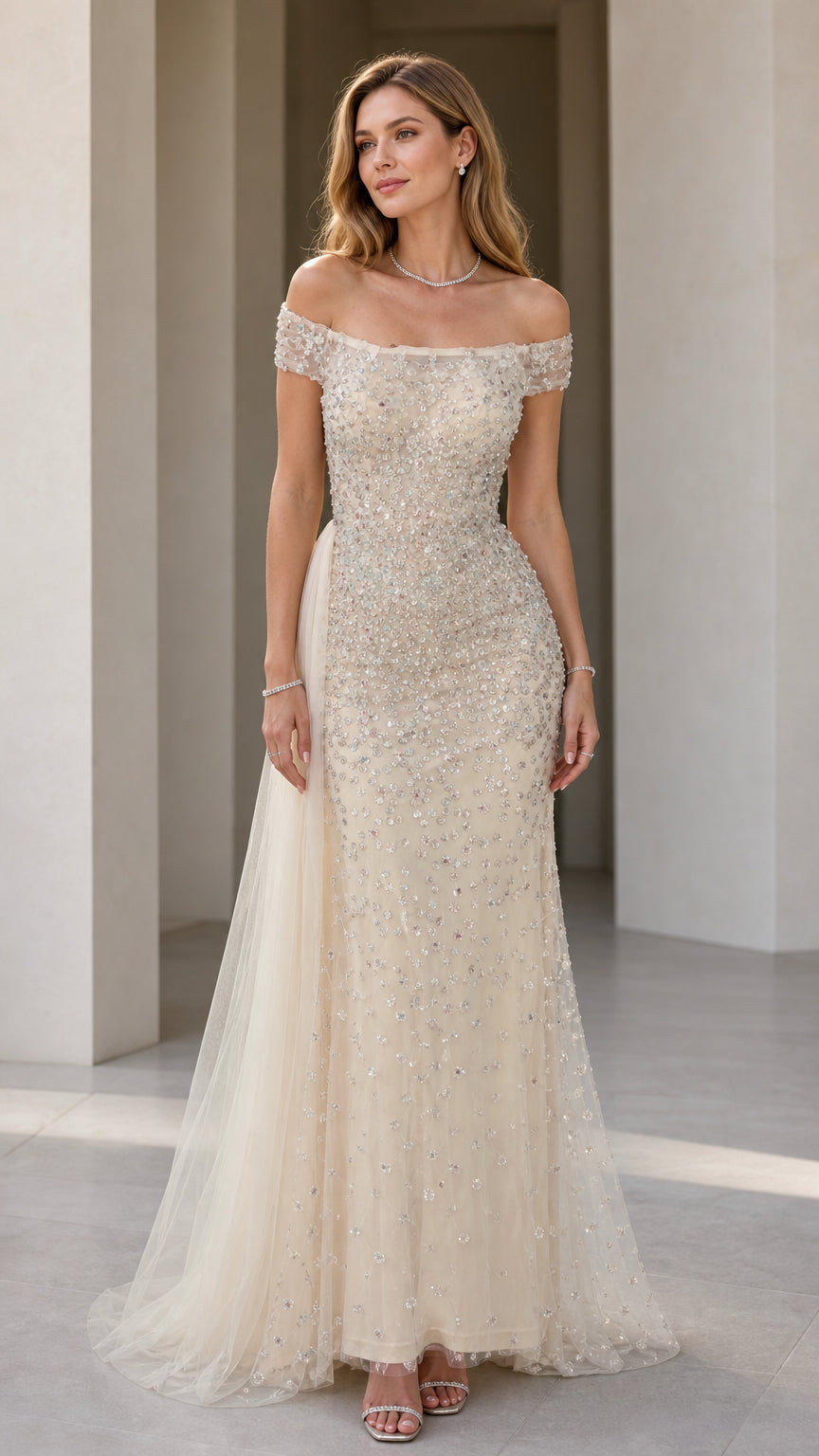 Front view of champagne off-shoulder beaded evening dress
