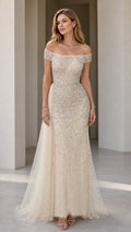 Front view of champagne off-shoulder beaded evening dress
