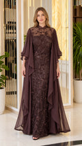 Front view of dark brown cape-style evening dress