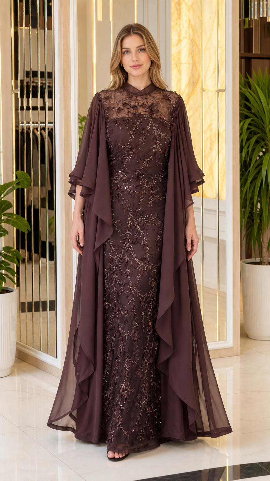 Front view of dark brown cape-style evening dress