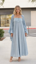 Model wearing light blue boho cami dress and matching kimono set, front view