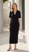 Women's Ribbed Knit Polo Midi Dress