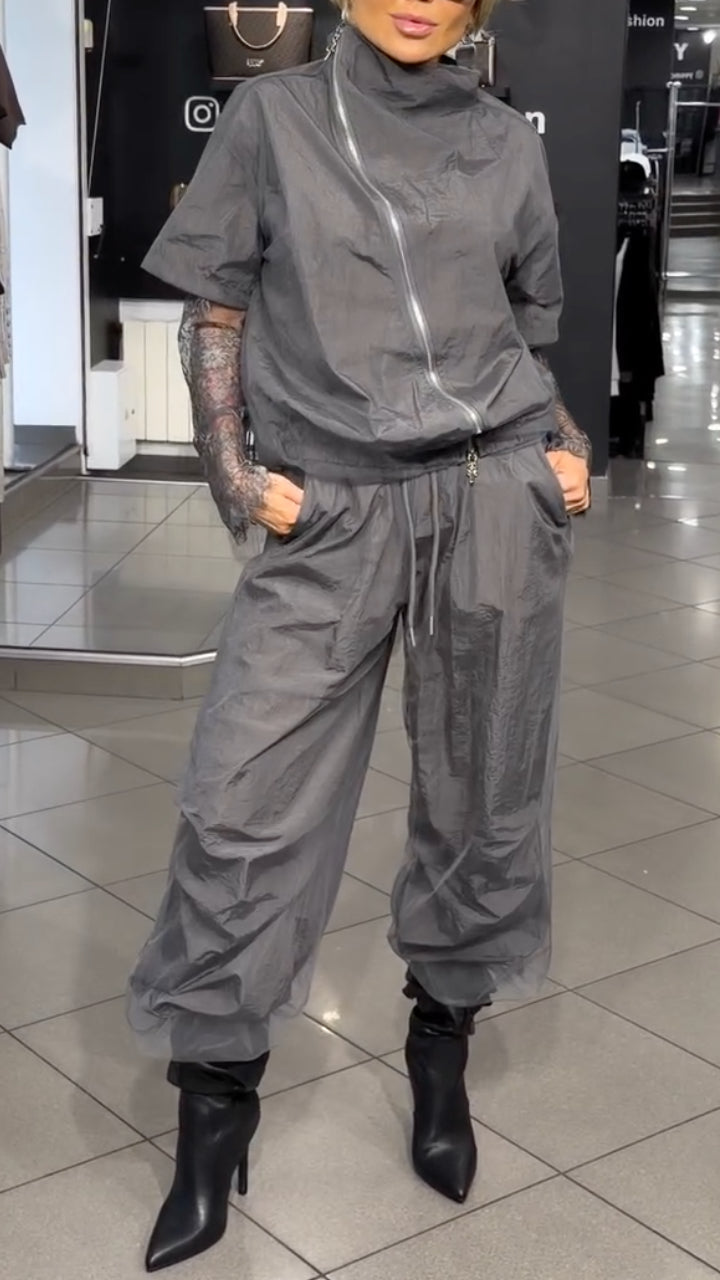 Grey Zip‑Up Casual Tracksuit Two‑Piece Outfit