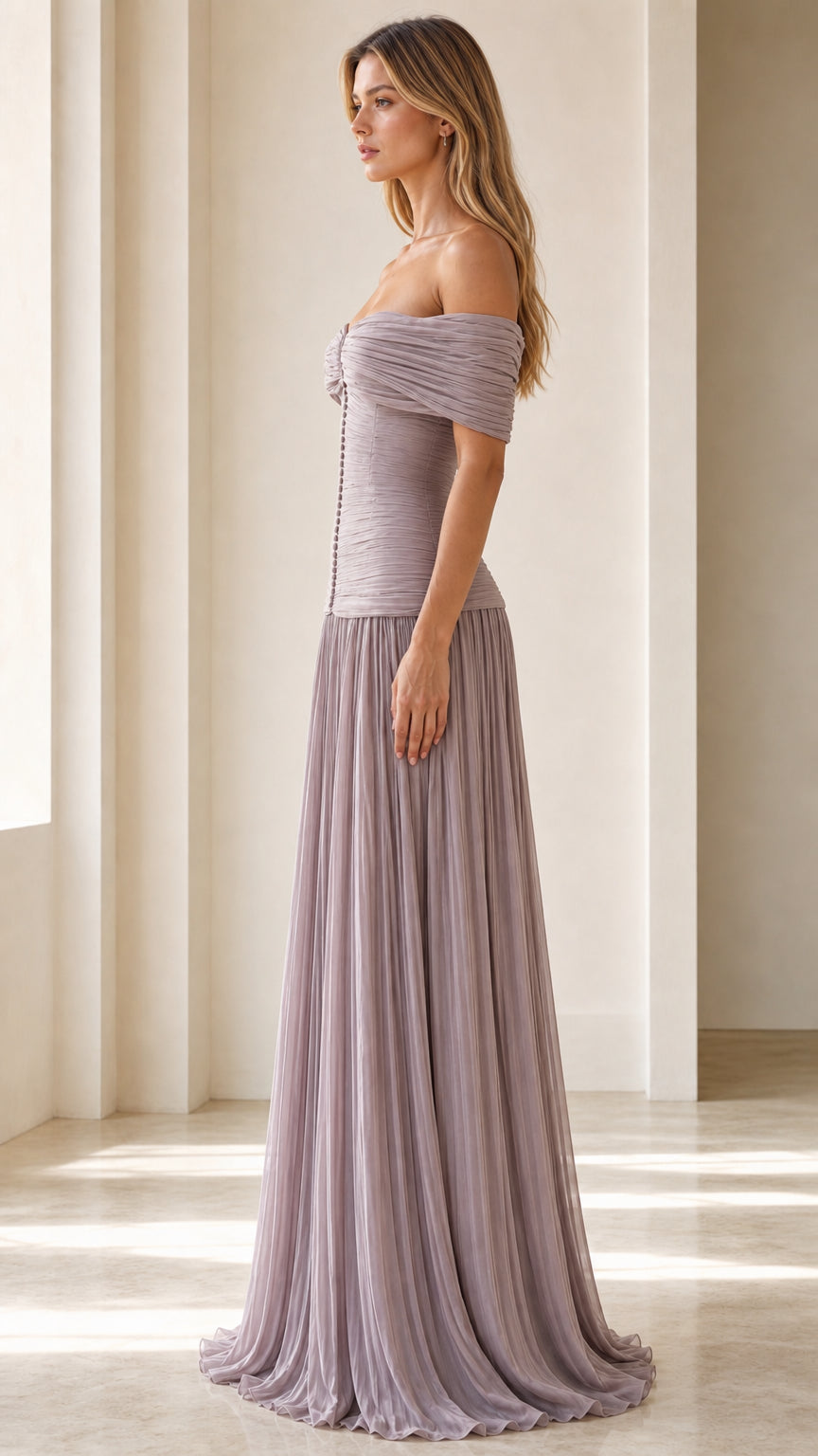 Side profile of lavender off-shoulder evening dress