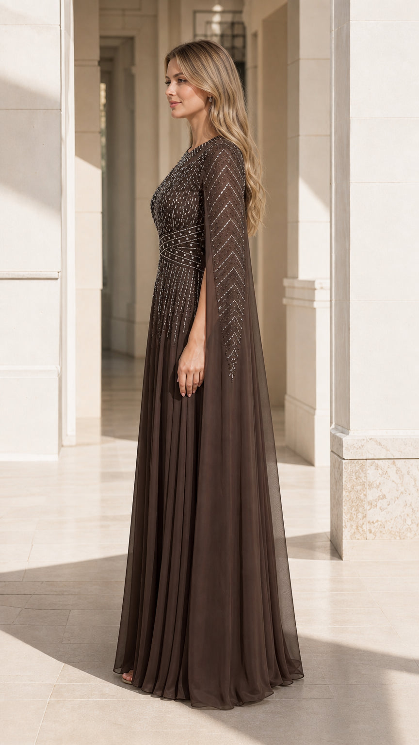 Side profile of brown beaded evening gown