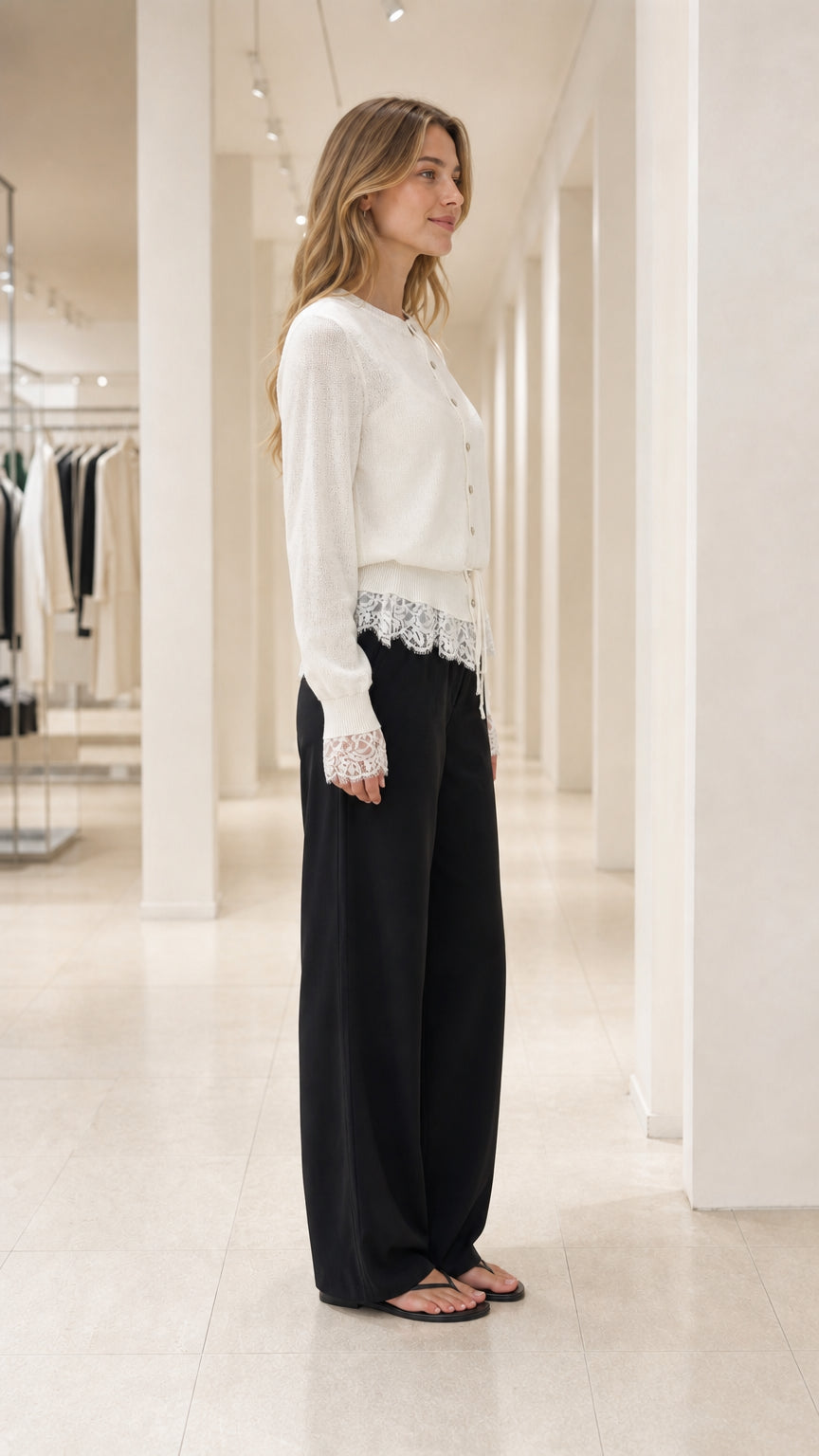 Side profile view of White knit cardigan with lace hem and cuffs