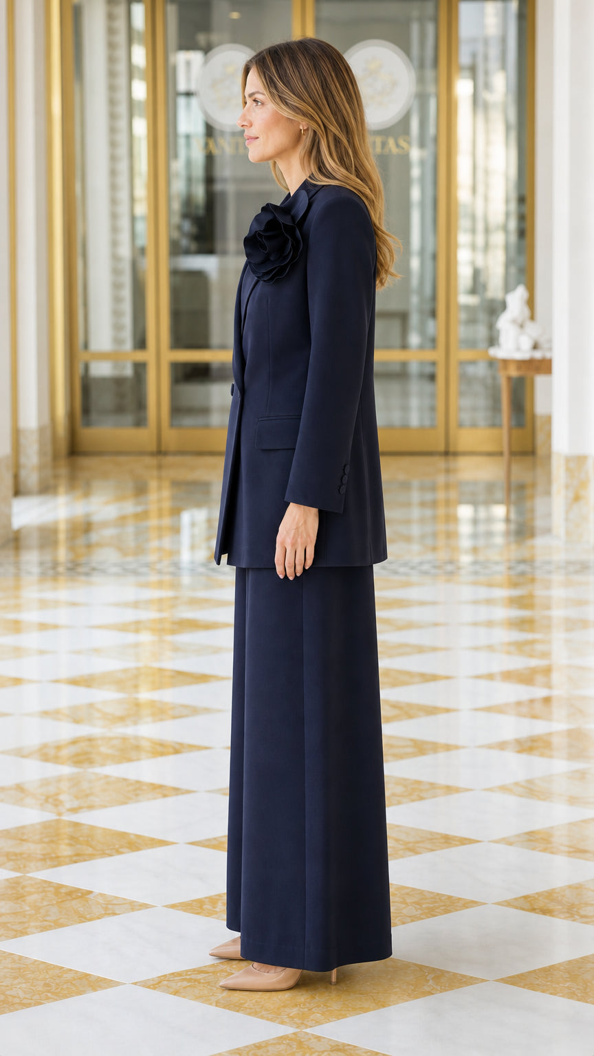 Women's Floral Brooch Blazer and Wide-Leg Pants Suit Set