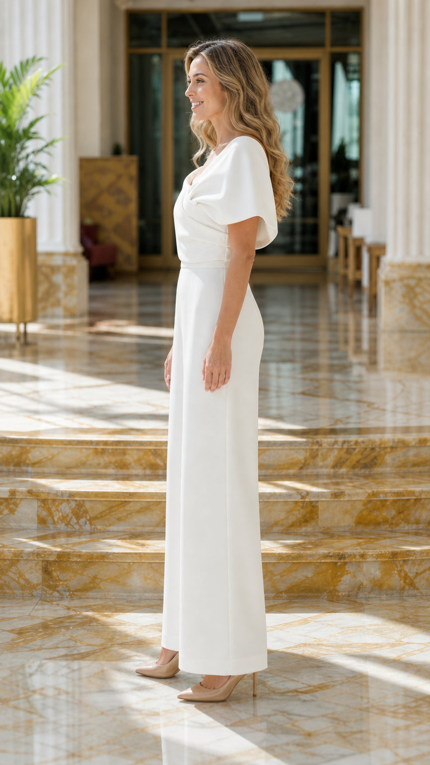 Elegant Off-Shoulder Draped Wide-Leg Formal Jumpsuit