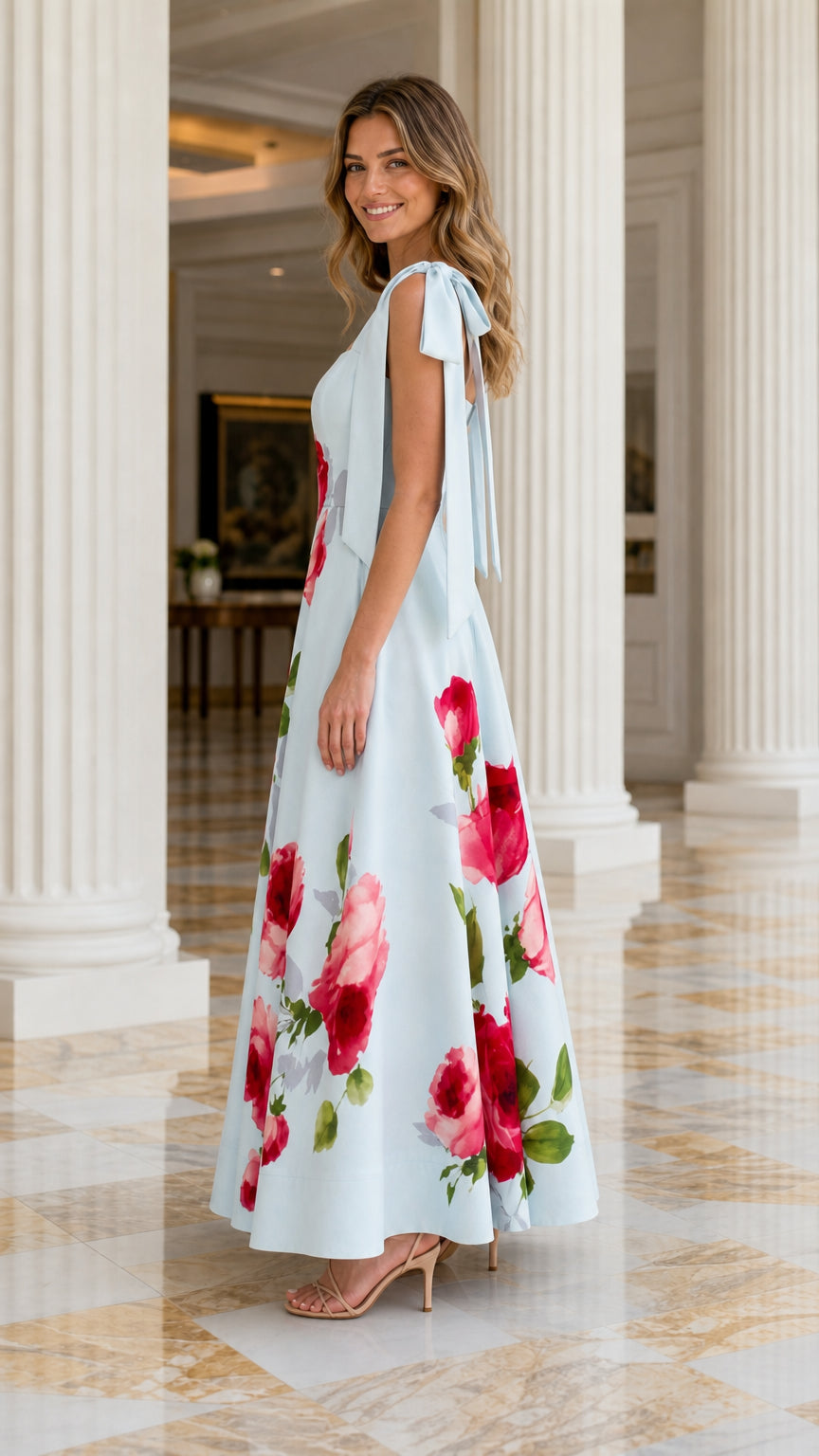 Women's Elegant Floral Print Tie-Strap Maxi Dress