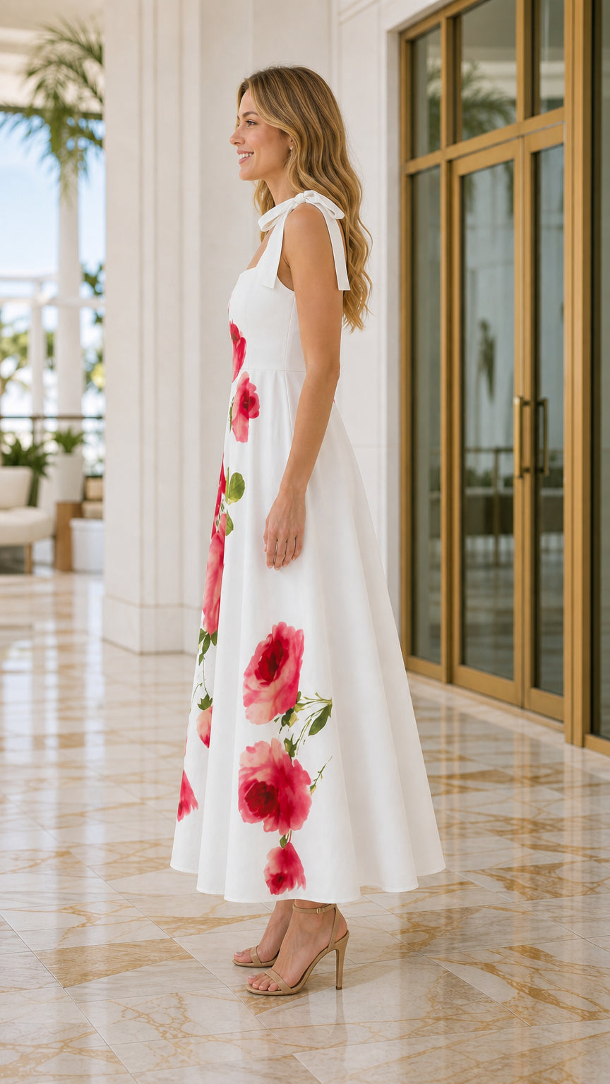 Women's Square Neck Floral Print Tie-Strap Maxi Dress