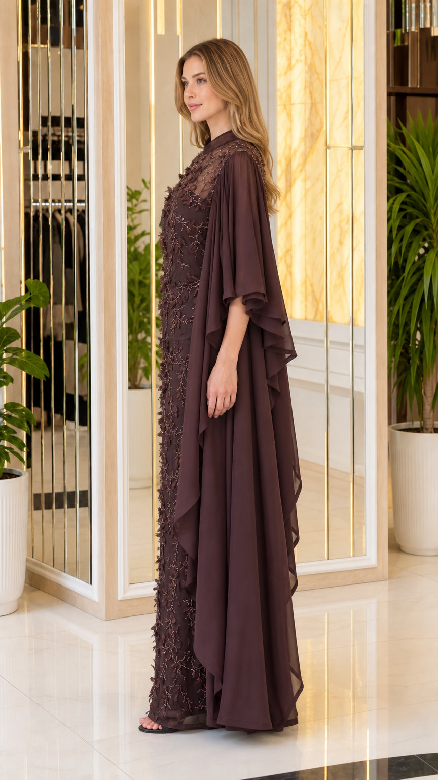 Side profile view of dark brown formal gown