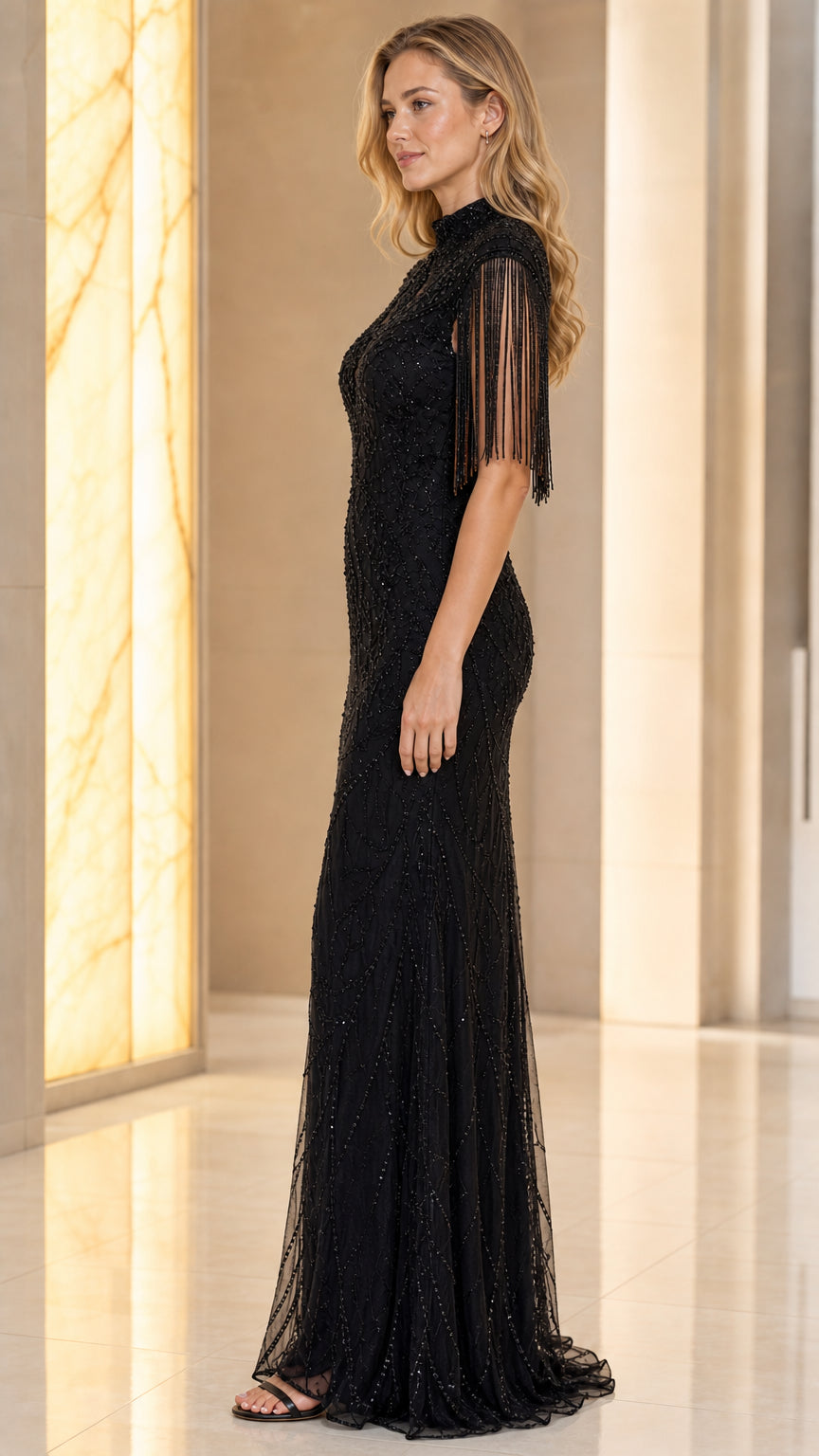 Side profile view of black evening gown