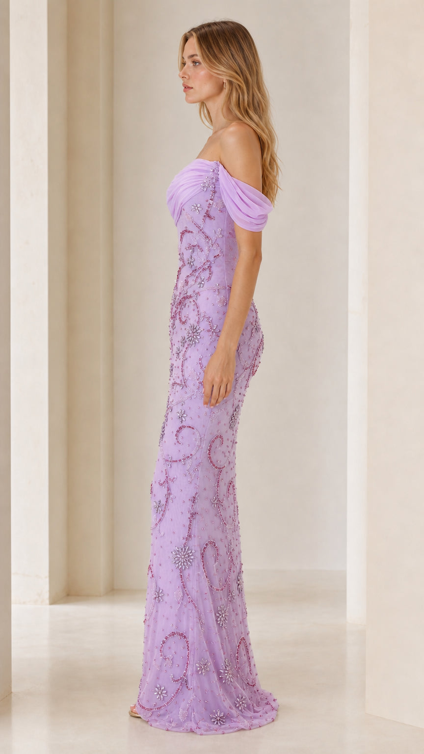 Side profile view of lilac beaded evening gown