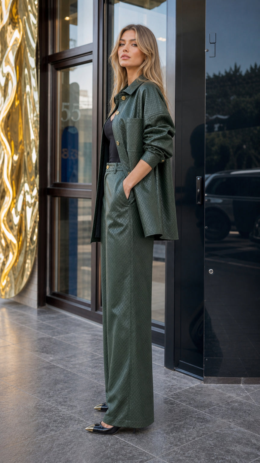 Side profile view of dark green faux leather matching set