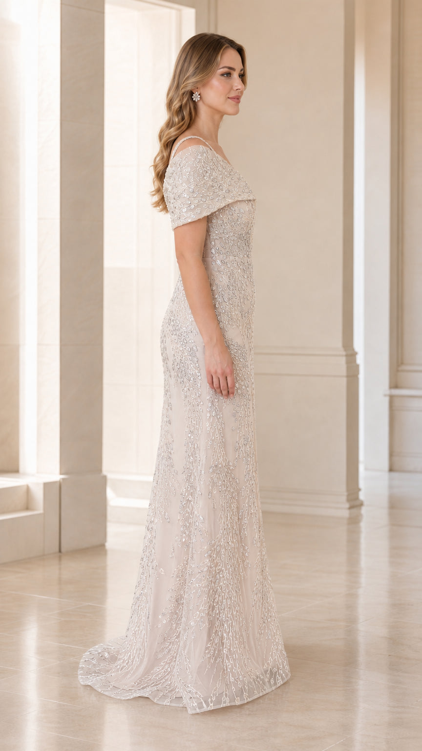 Side profile view of champagne evening gown