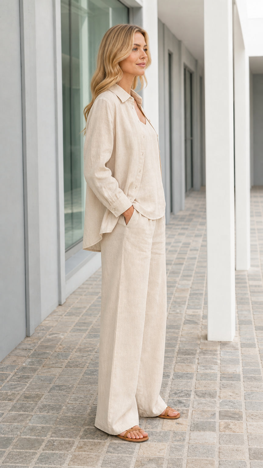 Women's Casual 3-Piece Linen Blend Button-Down Shirt Cami and Wide-Leg Pants Set