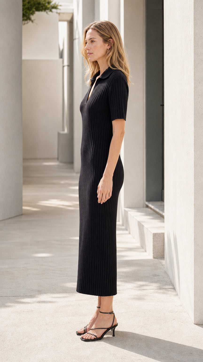 Women's Ribbed Knit Polo Midi Dress