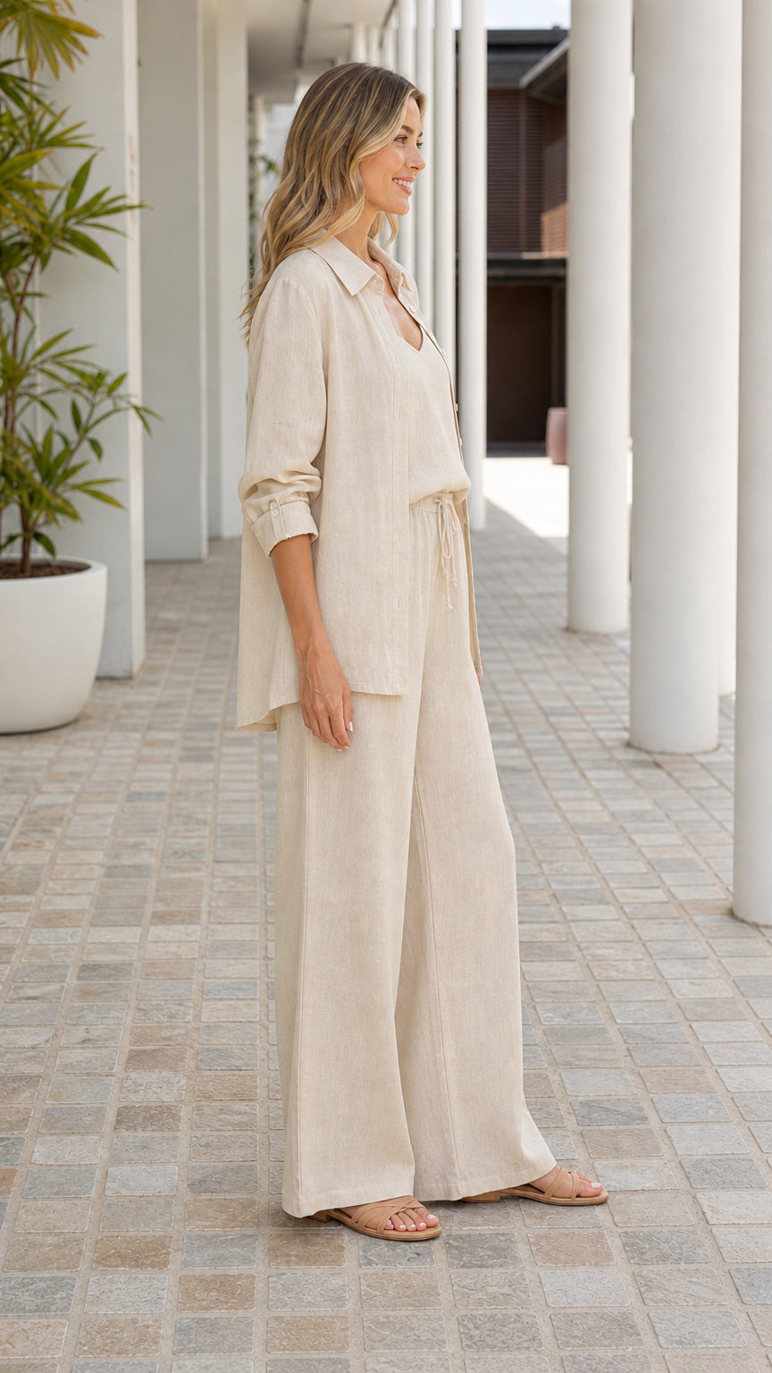Women's 3-Piece Linen Blend Button-Down Shirt, Cami, and Wide-Leg Pants Set