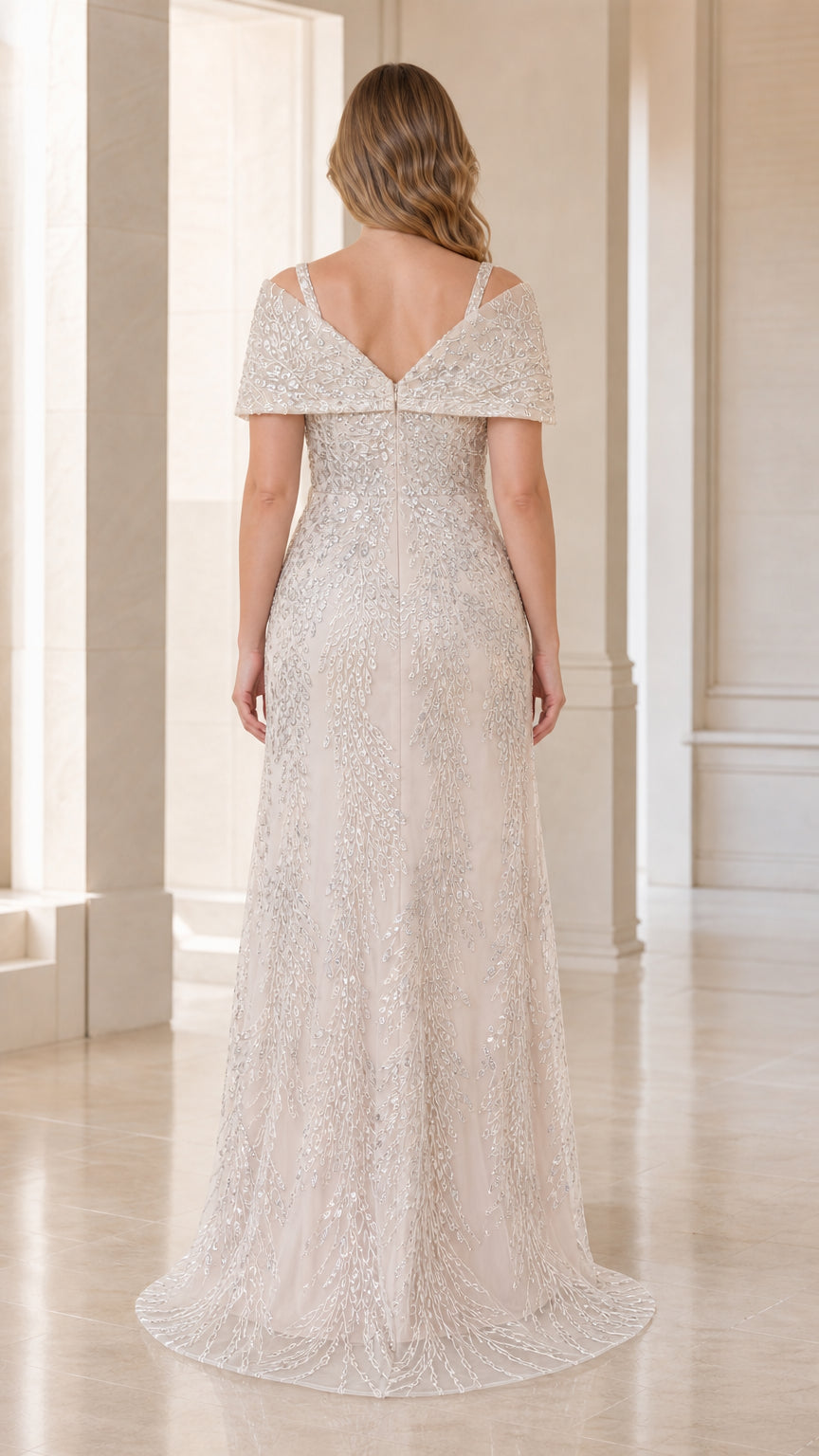 Back view showing structured fold-over collar on champagne gown